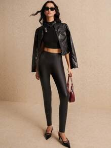 SHEIN Frenchy Women's Black PU Casual Skinny Pants,Black Leather Pants,High Waisted Skinny Pants,Leather Skinny Pants,Women's Skinny Pants,Winter Skinny Pants,French Design,Suitable For Fall And Winter Seasons,Fall And Winter Seasons,Comfortable And Warm,Siren Office,Suitable For Daily Outing,Commuting,Going Out And Dating Wear - Black - View 1