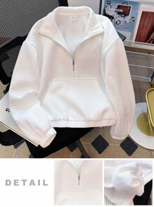 SHEIN Teen Girl's Outfits White Drop Shoulder Zip Half Placket Crop Sweatshirt,In Fall/Winter - White - View 4