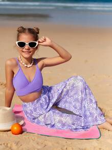 SHEIN Tween Girl 3pcs Bikini Set: Camisole Top, Wide Leg Pants And Allover Print Briefs Underwear Summer Beach, Bathing Suit - Purple - View 7