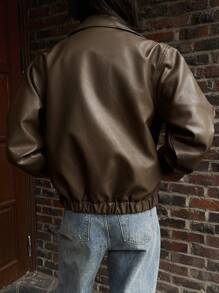 DAZY Thick Solid Color Casual Leather Jacket, Autumn,Fall Women Clothes - Brown - View 6