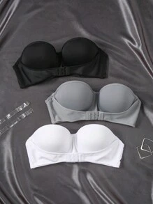 SHEIN 3pcs/Set Women Solid Color Front Button Bandeau Bras - Multicolor - View 3