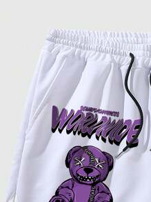 ROMWE MEN Street Life Men Bear & Letter Graphic Striped Trim Drawstring Shorts, School - White - View 4
