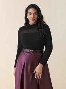 BizChic Plus Size Sheer Panel Front Long Sleeve Pullover Sweater - Black - View 4