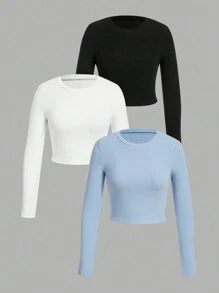 SHEIN EZwear 3 chiếc áo lót dài tay lót nhiệt, có gân thời trang thu/đông cho nữ - Nhiều màu - Xem 1