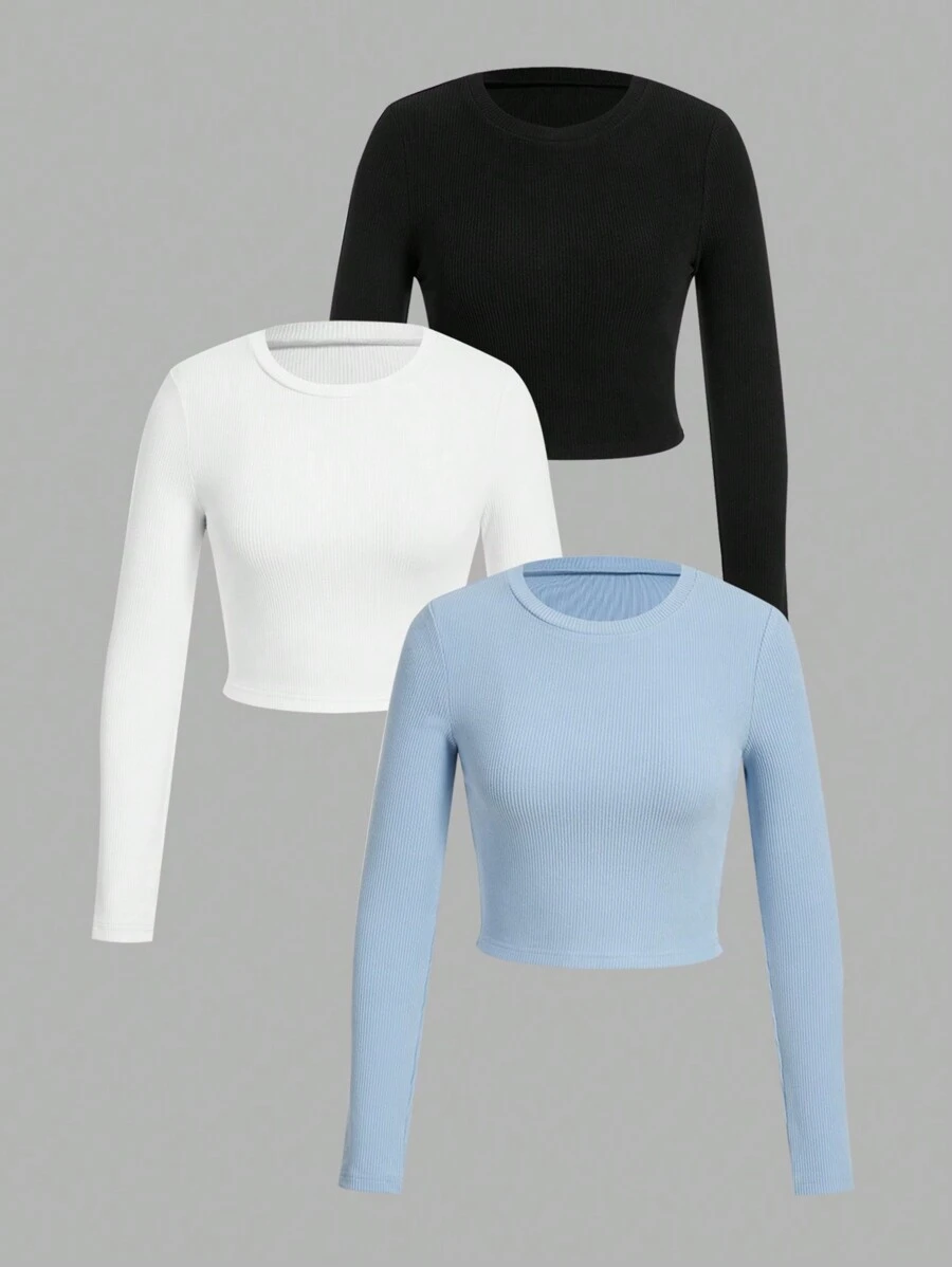 SHEIN EZwear 3 chiếc áo lót dài tay lót nhiệt, có gân thời trang thu/đông cho nữ - Nhiều màu - Xem 1