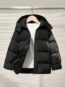 SHEIN Leap Crew 1pc Youth Boys/Girls Casual Versatile Comfortable Loose Solid Color Zipper Front Hooded Warm Long Winter Coat Parka Jacket, Suitable For Back To School, Birthday, Baby Shower, Holiday Parties, Autumn/Winter Season - Black - View 1