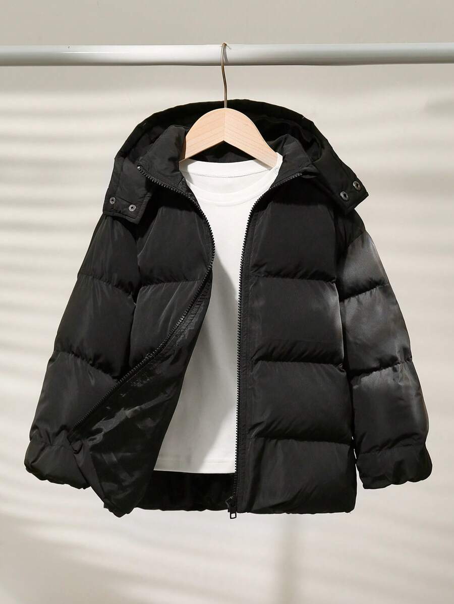 SHEIN Leap Crew 1pc Youth Boys/Girls Casual Versatile Comfortable Loose Solid Color Zipper Front Hooded Warm Long Winter Coat Parka Jacket, Suitable For Back To School, Birthday, Baby Shower, Holiday Parties, Autumn/Winter Season - Black - View 1