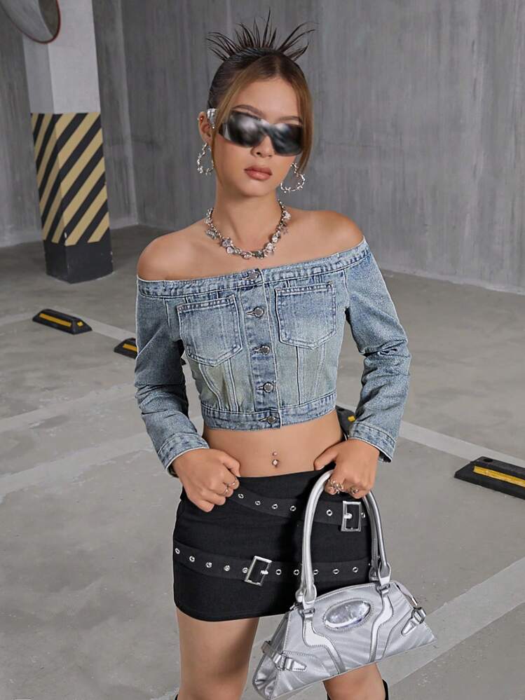 SHEIN Y2K Style Off Shoulder Blue Denim Top For Teenage Girls, Cute Fall Back To School Clothes Outfits - Light Wash - View 5