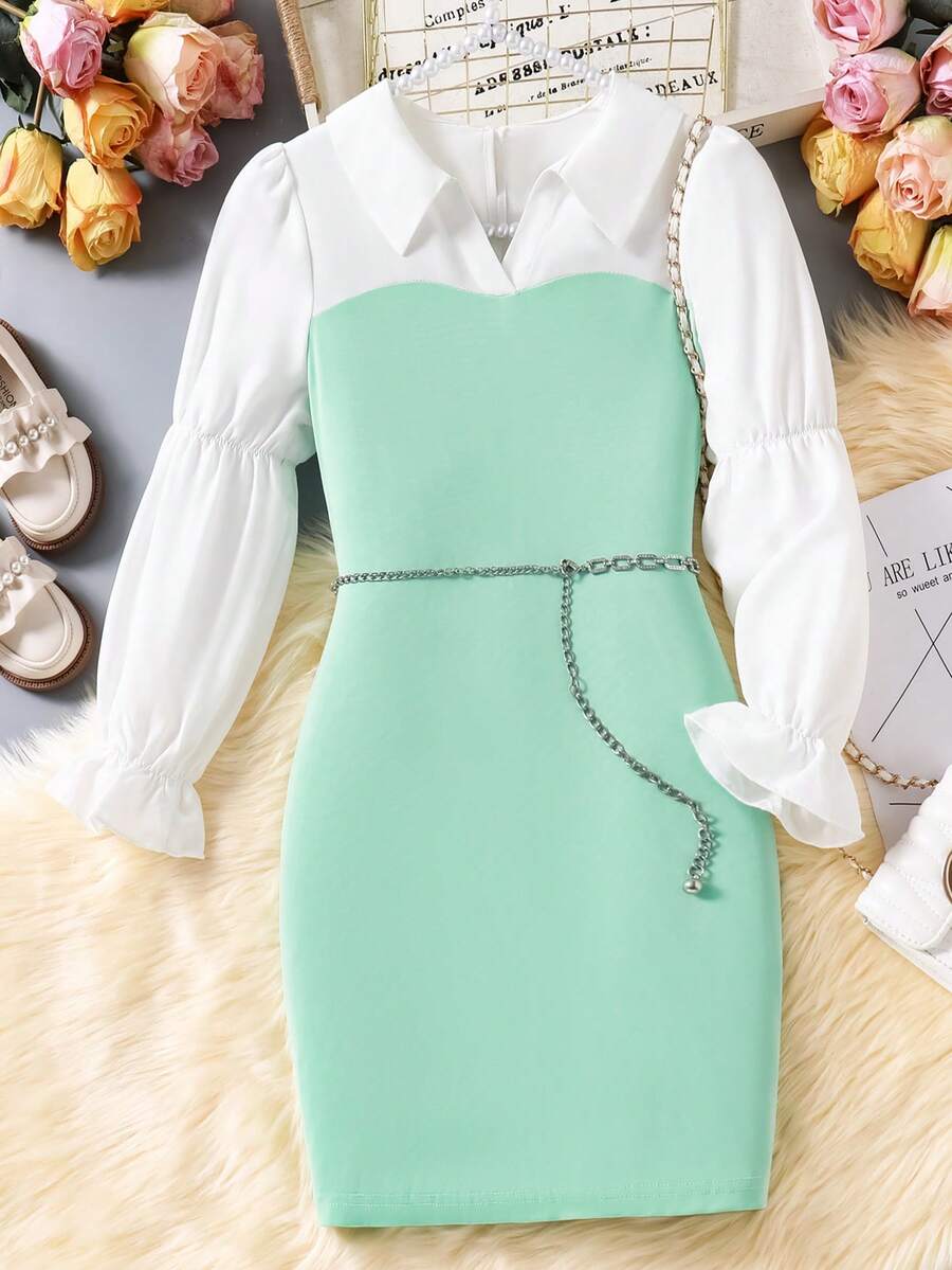 SHEIN Tween Girl Elegant Casual Vintage Lantern Sleeve Black & White