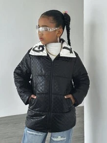 Tween Girls  Casual Stand Collar Cropped Jacket - Black - View 3