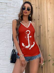 SHEIN LUNE Women's V-Neck Anchor Print Sleeveless Casual Tank Top For Summer