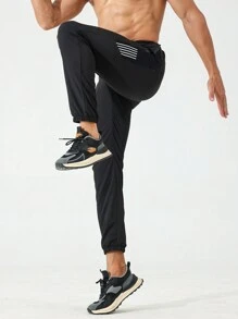 Manfinity Fitness Men Striped Drawstring Waist Slant Pocket Sports Trousers - Black - View 4