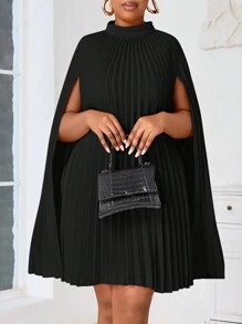 SHEIN Lady Plus Size Black Pleated Collar Loose Casual Dress With Cape, Open Style For Formal Occasion - Black - View 1