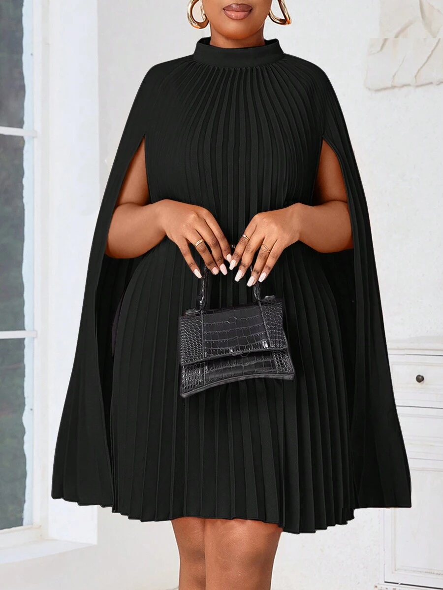 SHEIN Lady Plus Size Black Pleated Collar Loose Casual Dress With Cape, Open Style For Formal Occasion - Black - View 1