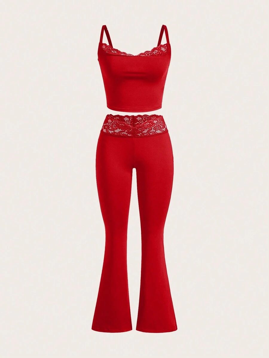 SHEIN EZwear Bộ 2 món: Áo yếm chắp vá ren màu trơn và quần ống loe - Đỏ - Xem 1