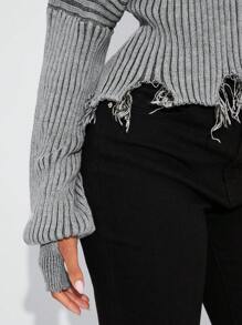 SHEIN SXY Women's Solid Turtleneck Distressed Long Sleeve Knit Sweater Going Out Tops In Fall/Winter - Grey - View 3