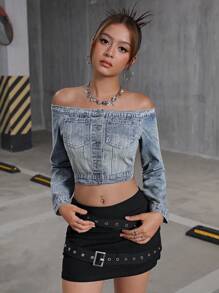 SHEIN Y2K Style Off Shoulder Blue Denim Top For Teenage Girls, Cute Fall Back To School Clothes Outfits