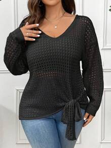 Elenzga Plus Size Women's Solid Color Simple Casual Lace-Up Hollow-Out Pullover Sweater Knit Pullover Fall Winter Autumn - Black - View 4