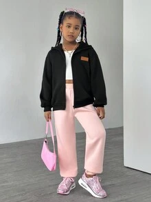 SHEIN 2pcs Gothic Text Fleece Sweatshirt & Pants Set For Tween Girls - Black - View 3