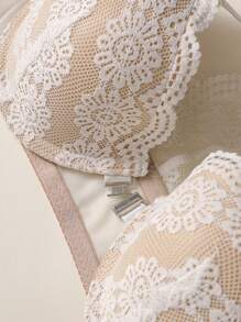 2pcs Set: Lace Patchwork Front Hook Solid Color Women Bra With Steel Circle