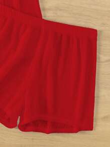 Swim Lushoire 2 件套 2025 女士度假纯色短袖和服上衣和短裤套装夏季 - 紅色 - 查看 4