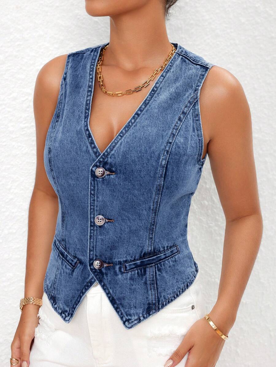 SHEIN Essnce Women's Solid Sleeveless Denim Jacket - Dark Wash - View 1