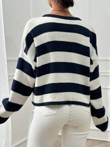 EURMUSE 女士条纹圆领前扣开衫