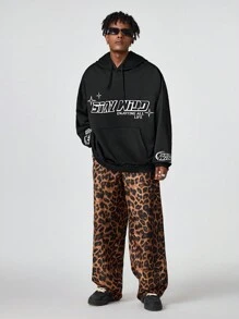 Manfinity VCAY Men's Loose Fit English Letter Print Hoodie Sweatshirt , Black, For Fall Winter - Black - View 4