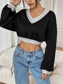 Flirla Women's V-Neck Contrast Color Casual Long Sleeve Sweatshirt Pullover Fall Sweatshirt - Black - View 3