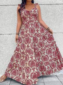 Breezaya Plus Size Women Plant Print Dress With Ruffle Hem Elegant Vacation Dress - Multicolor - View 5