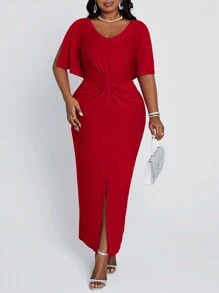 Fleurora Robe de fête de Noël Robe longue élégante slim d'été fendue avec un twist rose rouge pour les femmes de grande taille - Rouge - Voir 3