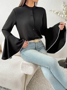 Modelyn 女士纯色立领前扣优雅长袖衬衫 - 黑色 - 查看 6