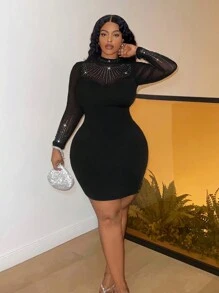 Slaydiva Plus Size Glamorous Party Turtleneck Mesh Contrast Rhinestoned Tight Fit Black Mini Dress For Women - Black - View 5