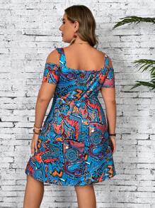 SHEIN VCAY 大码女式节日全图案印花露肩短袖休闲连衣裙 - 淺藍色 - 查看 2