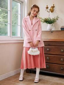 SHEIN Teenage Girls' Pink Collar Splice Fuzzy Elegant Warm Winter Coat