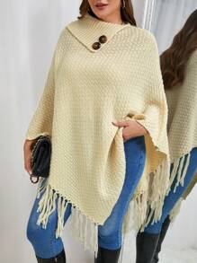 SHEIN Frenchy Plus Size Women's Solid Color Batwing Sleeve Patchwork Fringe Hem Casual Sweater - Apricot - View 3