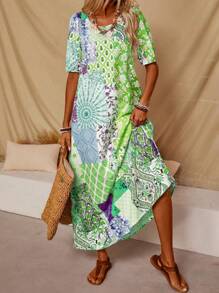 SHEIN LUNE 女式复古风格印花圆领短袖连衣裙