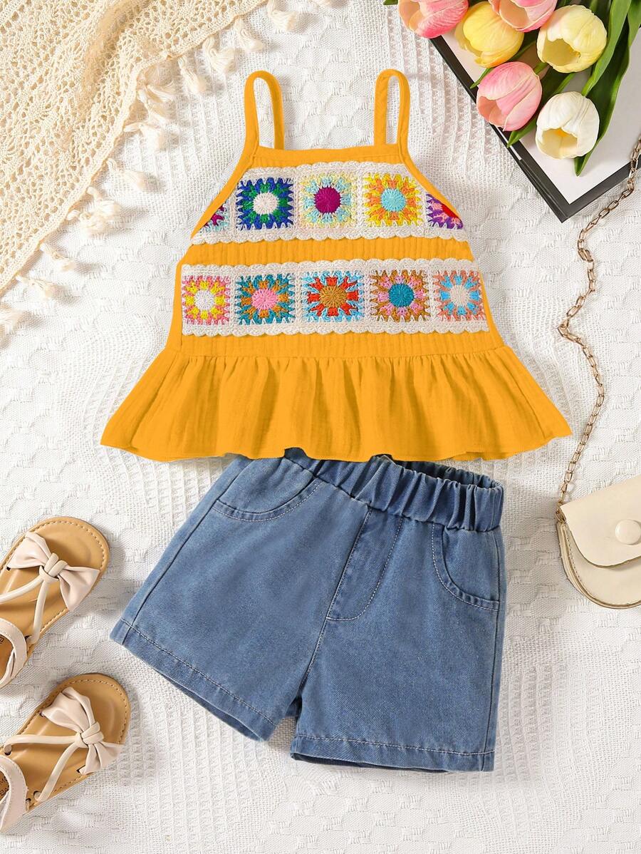 Baby Girls' Printed Sleeveless Top & Denim Shorts Set - Yellow - View 1