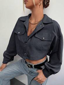 SHEIN EZwear Áo khoác ngắn nhung kẻ dệt màu xám xanh cho mùa thu/đông - Xám - Xem 6