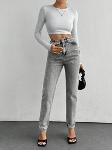 EURMUSE High Waist Ripped Mom Fit Jeans - Grey - View 6
