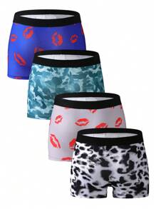 Men's Random Lip Print Briefs Undergarment , 4 Pcs - Multicolor - View 2