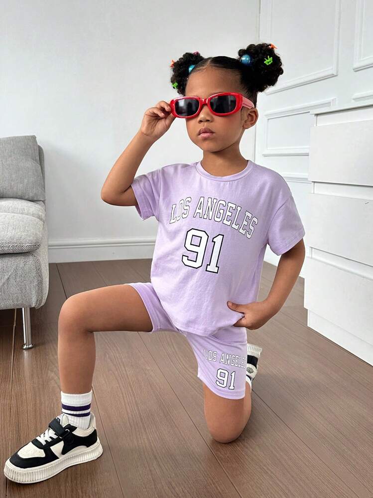 SHEIN Young Girl Letter Graphic Drop Shoulder Tee & Shorts - Lilac Purple - View 3