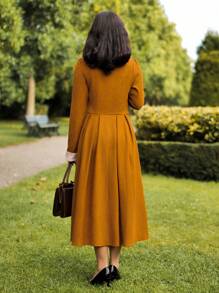 Vintamour 复古优雅女士长袖连衣裙，撞色领姜黄色中长连衣裙秋装返校节礼服教师服女士生日礼服女士连衣裙优雅商务休闲女士礼服 - 棕色 - 查看 2