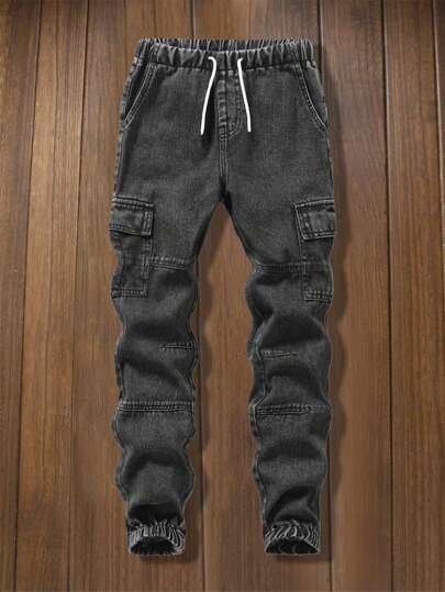 Pantalon cargo en jean ample, confortable et décontracté avec taille élastique à cordon de serrage, poches multiples, style vintage cool pour garçon préadolescent