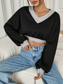 Flirla Women's V-Neck Contrast Color Casual Long Sleeve Sweatshirt Pullover Fall Sweatshirt - Black - View 1