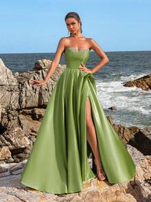 Faeriesty Satin Rhinestone Detail Formal Tube Prom Dress - Green - View 8