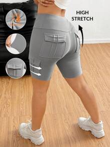 SHEIN SXY Women's Sports Leggings With Functional Pockets, Tight Fit Cycling Bottoms Leggings Set