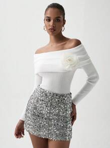 Lumivelle Women's Sexy Off-Shoulder 3D Floral Embellished Long Sleeve Knit Sweater