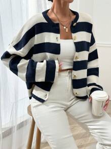 EURMUSE 女士条纹圆领前扣开衫