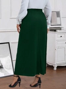 EMERY ROSE Falda larga recta de cintura alta de unicolor para mujeres de talla grande - Verde Oscuro - Ver 2